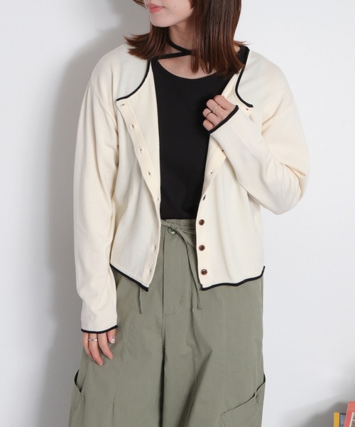 cepo（セポ）の「12Ｇ柔らかニット 配色カーディガン（カーディガン/ボレロ・レディース・グレー/ピンク/サックスブルー/ブラック/オフホワイト・M）」の2枚目の写真