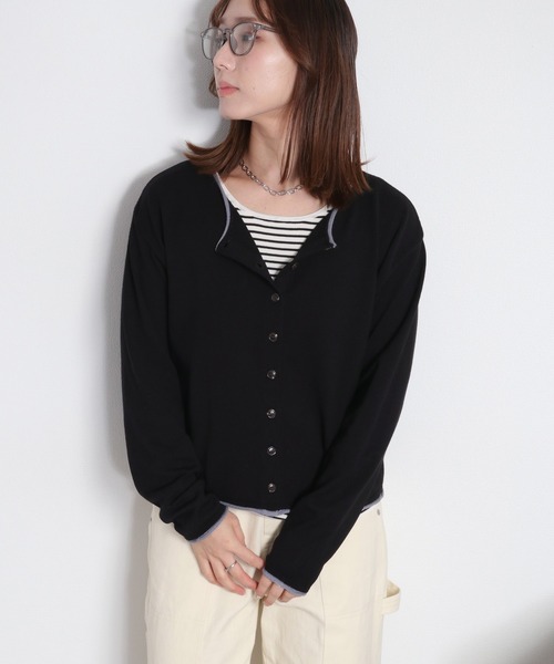 cepo（セポ）の「12Ｇ柔らかニット 配色カーディガン（カーディガン/ボレロ・レディース・グレー/ピンク/サックスブルー/ブラック/オフホワイト・M）」の3枚目の写真