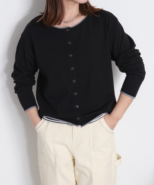 cepo（セポ）の「12Ｇ柔らかニット 配色カーディガン（カーディガン/ボレロ・レディース・グレー/ピンク/サックスブルー/ブラック/オフホワイト・M）」の9枚目の写真