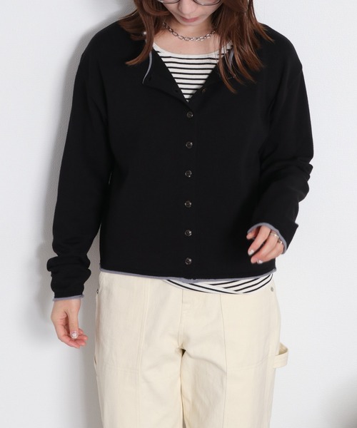 cepo（セポ）の「12Ｇ柔らかニット 配色カーディガン（カーディガン/ボレロ・レディース・グレー/ピンク/サックスブルー/ブラック/オフホワイト・M）」の10枚目の写真