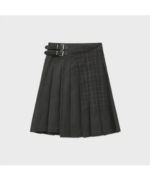 VINTAGE CHECK WRAP PLEATS SKIRT-KHAKI