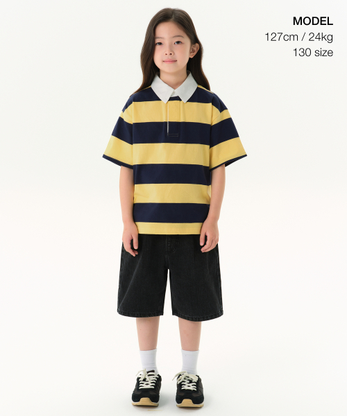MUSINSA STANDARD KIDS（ムシンサスタンダードキッズ）の「ストライプ半袖ラグビーシャツ[ネイビー/イエロー]（ポロシャツ・レディース・その他・100/110/120/130/140/150/160）」の2枚目の写真