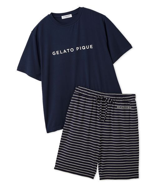 gelato pique(ジェラートピケ)の「【HOMME】レーヨンロゴTシャツ&ボーダーハーフパンツセット(ルームウェア/パジャマ・メンズ・ネイビー/オフホワイト・M/L)」の2枚目の写真