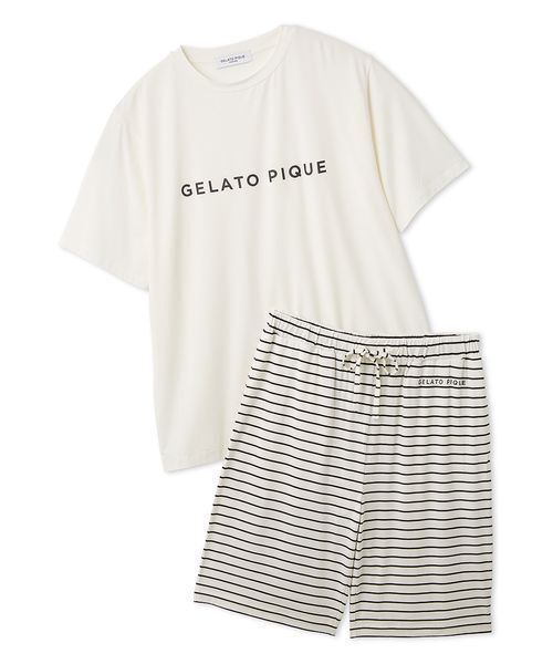 gelato pique(ジェラートピケ)の「【HOMME】レーヨンロゴTシャツ&ボーダーハーフパンツセット(ルームウェア/パジャマ・メンズ・ネイビー/オフホワイト・M/L)」の1枚目の写真