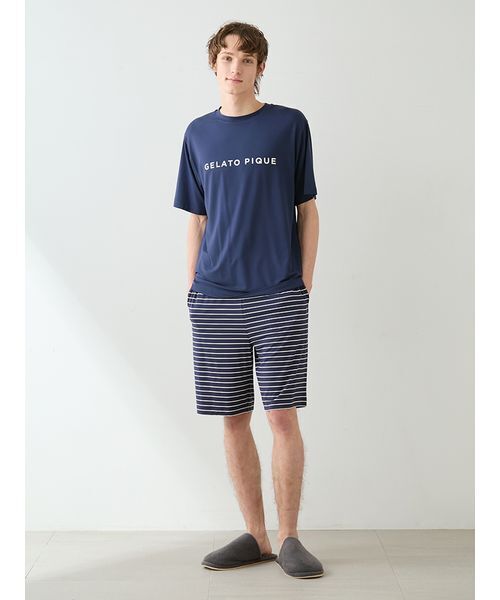gelato pique(ジェラートピケ)の「【HOMME】レーヨンロゴTシャツ&ボーダーハーフパンツセット(ルームウェア/パジャマ・メンズ・ネイビー/オフホワイト・M/L)」の4枚目の写真