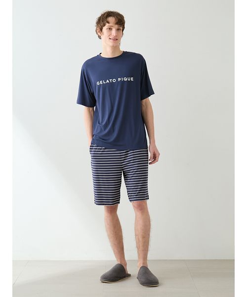 gelato pique(ジェラートピケ)の「【HOMME】レーヨンロゴTシャツ&ボーダーハーフパンツセット(ルームウェア/パジャマ・メンズ・ネイビー/オフホワイト・M/L)」の5枚目の写真