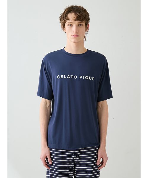 gelato pique(ジェラートピケ)の「【HOMME】レーヨンロゴTシャツ&ボーダーハーフパンツセット(ルームウェア/パジャマ・メンズ・ネイビー/オフホワイト・M/L)」の6枚目の写真