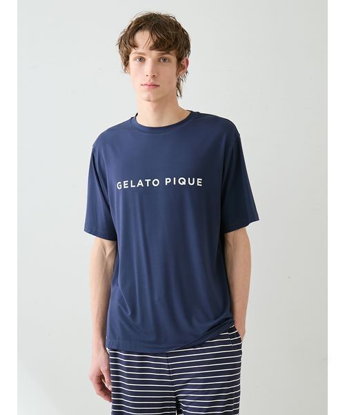 gelato pique(ジェラートピケ)の「【HOMME】レーヨンロゴTシャツ&ボーダーハーフパンツセット(ルームウェア/パジャマ・メンズ・ネイビー/オフホワイト・M/L)」の7枚目の写真