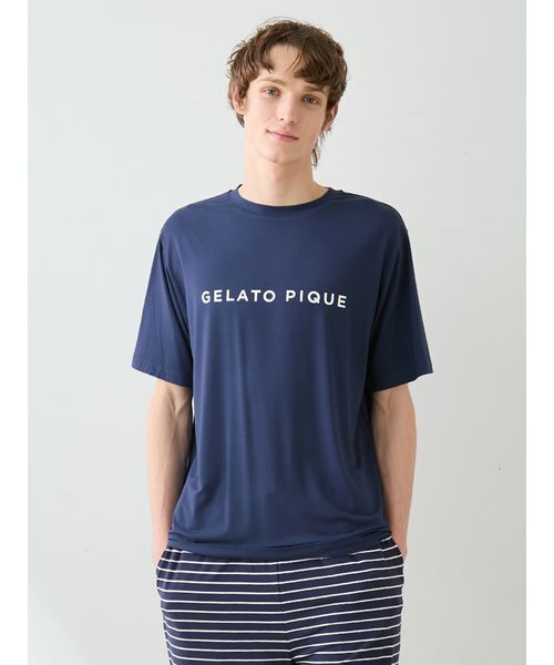 gelato pique(ジェラートピケ)の「【HOMME】レーヨンロゴTシャツ&ボーダーハーフパンツセット(ルームウェア/パジャマ・メンズ・ネイビー/オフホワイト・M/L)」の8枚目の写真