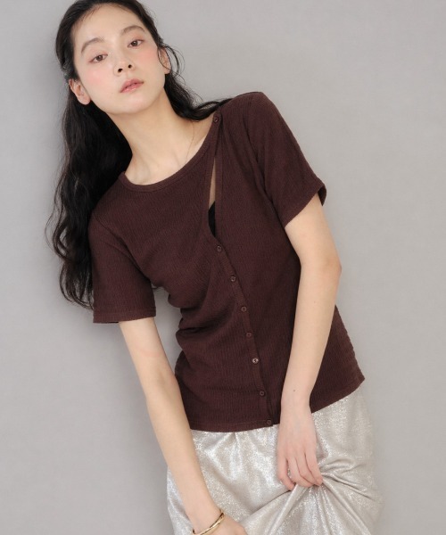 Shelly island（シェリーアイランド）の「デザインフロント半袖カーディガン（Tシャツ/カットソー・レディース・ホワイト/ブラウン/ブラック・FREE）」の3枚目の写真