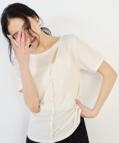 Shelly island（シェリーアイランド）の「デザインフロント半袖カーディガン（Tシャツ/カットソー・レディース・ホワイト/ブラウン/ブラック・FREE）」の4枚目の写真