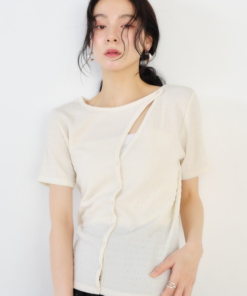 Shelly island（シェリーアイランド）の「デザインフロント半袖カーディガン（Tシャツ/カットソー・レディース・ホワイト/ブラウン/ブラック・FREE）」の5枚目の写真