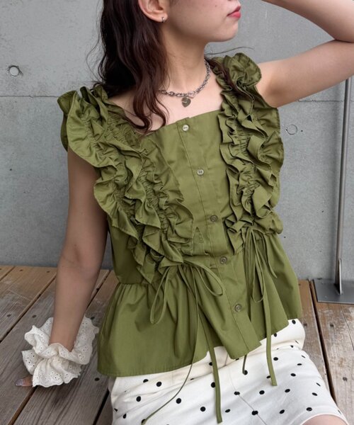 w closet(ダブルクローゼット)の「【レース素材が新登場!無地/チェック柄】フリフリノースリブラウス(シャツ/ブラウス・レディース・カーキ/ブラック/レッド/グリーン/ブラック系その他/オフホワイト/ホワイト/ブルー系その他2/ブラック系その他2・FREE)」の22枚目の写真