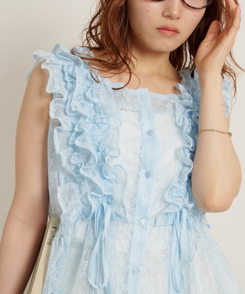 w closet(ダブルクローゼット)の「【レース素材が新登場!無地/チェック柄】フリフリノースリブラウス(シャツ/ブラウス・レディース・カーキ/ブラック/レッド/グリーン/ブラック系その他/オフホワイト・FREE)」の12枚目の写真