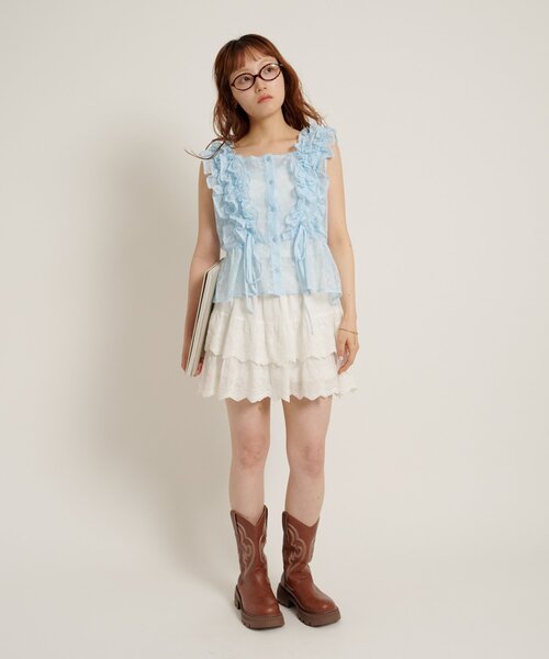 w closet(ダブルクローゼット)の「【レース素材が新登場!無地/チェック柄】フリフリノースリブラウス(シャツ/ブラウス・レディース・カーキ/ブラック/レッド/グリーン/ブラック系その他/オフホワイト・FREE)」の11枚目の写真