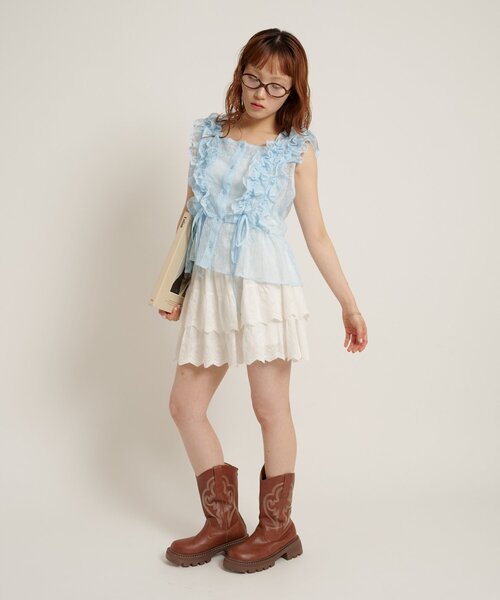 w closet(ダブルクローゼット)の「【レース素材が新登場!無地/チェック柄】フリフリノースリブラウス(シャツ/ブラウス・レディース・カーキ/ブラック/レッド/グリーン/ブラック系その他/オフホワイト・FREE)」の7枚目の写真