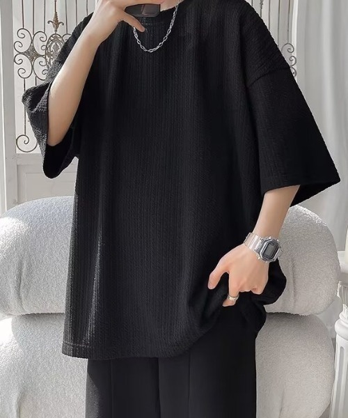 SHEPP(シープ)の「【UNISEX】ワッフル編み オーバーサイズ クルーネック プルオーバー(Tシャツ/カットソー・メンズ・ブラック/ホワイト・M)」の1枚目の写真