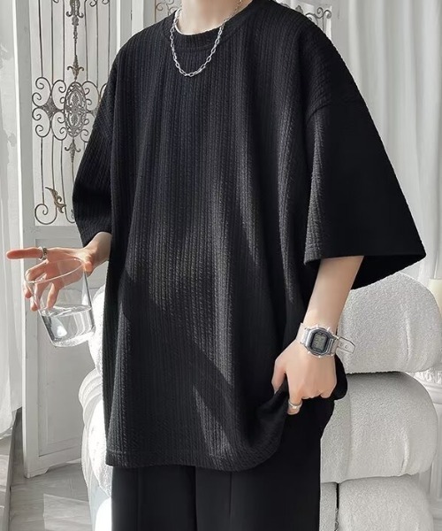 SHEPP(シープ)の「【UNISEX】ワッフル編み オーバーサイズ クルーネック プルオーバー(Tシャツ/カットソー・メンズ・ブラック/ホワイト・M)」の3枚目の写真