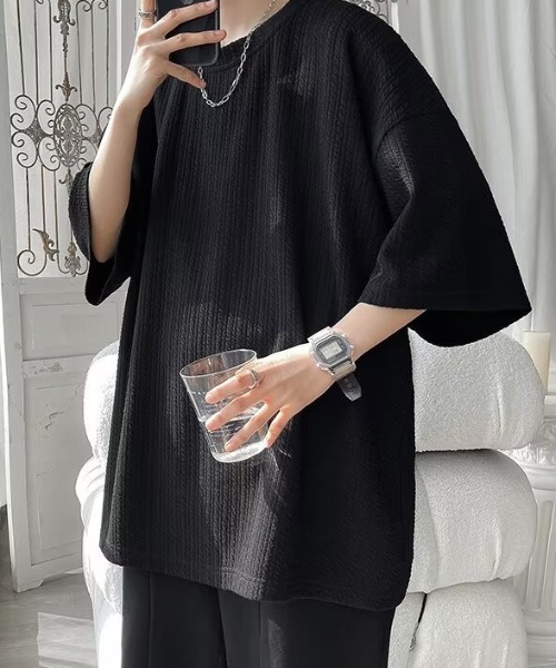 SHEPP(シープ)の「【UNISEX】ワッフル編み オーバーサイズ クルーネック プルオーバー(Tシャツ/カットソー・メンズ・ブラック/ホワイト・M)」の4枚目の写真