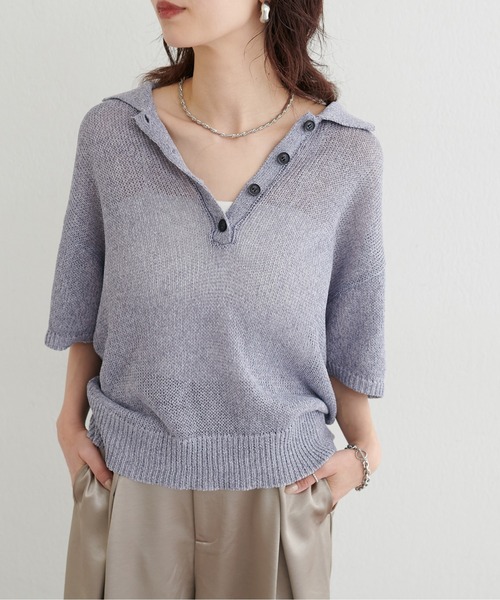 LARUTA(ラルータ)の「【LARUTA】ドライタッチシアーポロ半袖プルオーバー(ニット/セーター・レディース・ブラック/アイボリー/ブルー系その他/グレイッシュベージュ・FREE)」の1枚目の写真