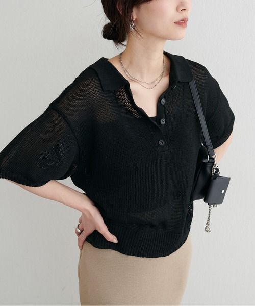 LARUTA(ラルータ)の「【LARUTA】ドライタッチシアーポロ半袖プルオーバー(ニット/セーター・レディース・ブラック/アイボリー/ブルー系その他/グレイッシュベージュ・FREE)」の3枚目の写真