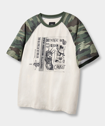 ラグラン配色ピグメントアートワーク半袖Tシャツ_アイボリー&カモ