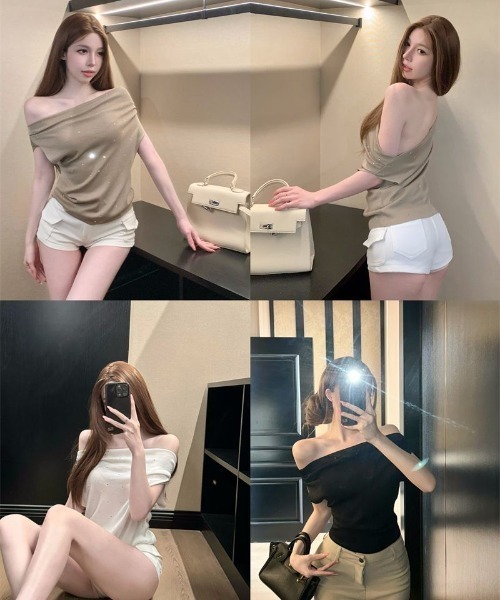 NoBelle(ノベル)の「ストーンオフショル ワンホン系/財閥系/韓国(Tシャツ/カットソー・レディース・ブラウン/ブラック/ホワイト・M/S/L)」の14枚目の写真