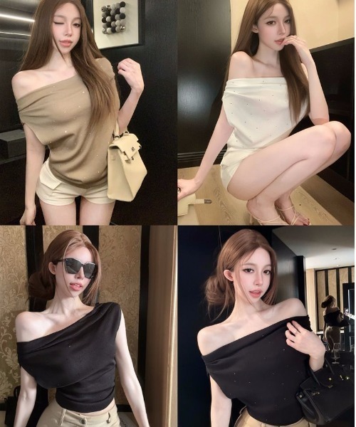 NoBelle(ノベル)の「ストーンオフショル ワンホン系/財閥系/韓国(Tシャツ/カットソー・レディース・ブラウン/ブラック/ホワイト・M/S/L)」の9枚目の写真