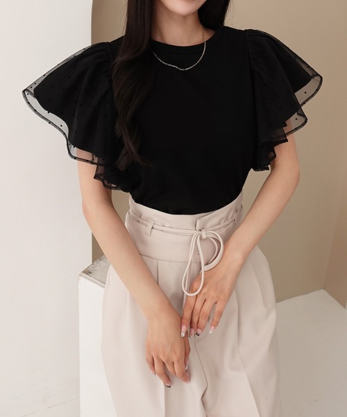 SOELA(ソエラ)の「【INGNI SOELA】ドットチュールフリルTシャツ/WEB限定(Tシャツ/カットソー・レディース・オフホワイト/ブラック・FREE)」の2枚目の写真