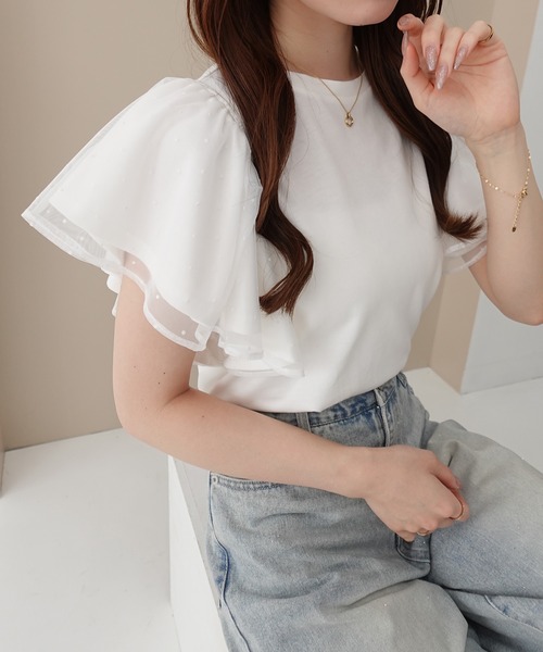SOELA(ソエラ)の「【INGNI SOELA】ドットチュールフリルTシャツ/WEB限定(Tシャツ/カットソー・レディース・オフホワイト/ブラック・FREE)」の9枚目の写真