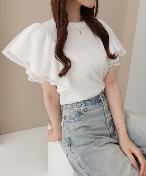 SOELA(ソエラ)の「【INGNI SOELA】ドットチュールフリルTシャツ/WEB限定(Tシャツ/カットソー・レディース・オフホワイト/ブラック・FREE)」の10枚目の写真
