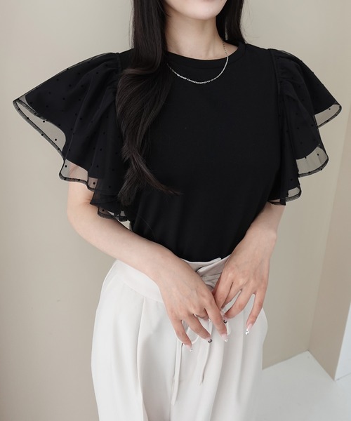 SOELA(ソエラ)の「【INGNI SOELA】ドットチュールフリルTシャツ/WEB限定(Tシャツ/カットソー・レディース・オフホワイト/ブラック・FREE)」の3枚目の写真
