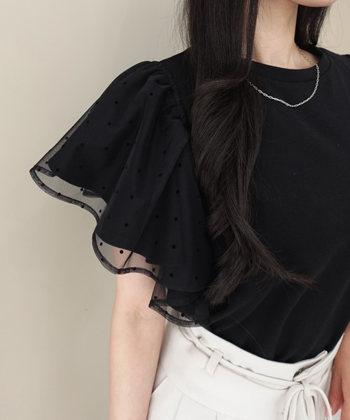 SOELA(ソエラ)の「【INGNI SOELA】ドットチュールフリルTシャツ/WEB限定(Tシャツ/カットソー・レディース・オフホワイト/ブラック・FREE)」の4枚目の写真
