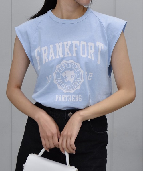 DOUBLE STEAL（ダブルスティール）の「FRANKFORTプリントTシャツ（Tシャツ/カットソー・レディース・チャコールグレー/サックスブルー/アイボリー・FREE）」の3枚目の写真