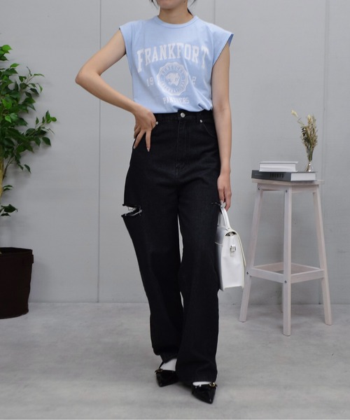 DOUBLE STEAL（ダブルスティール）の「FRANKFORTプリントTシャツ（Tシャツ/カットソー・レディース・チャコールグレー/サックスブルー/アイボリー・FREE）」の13枚目の写真