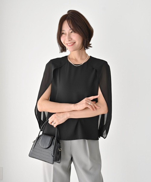 Ehre style(エーレスタイル)の「1枚で完成さりげな腕隠し上品トップス(シャツ/ブラウス・レディース・アイボリー/ブラック・FREE)」の4枚目の写真