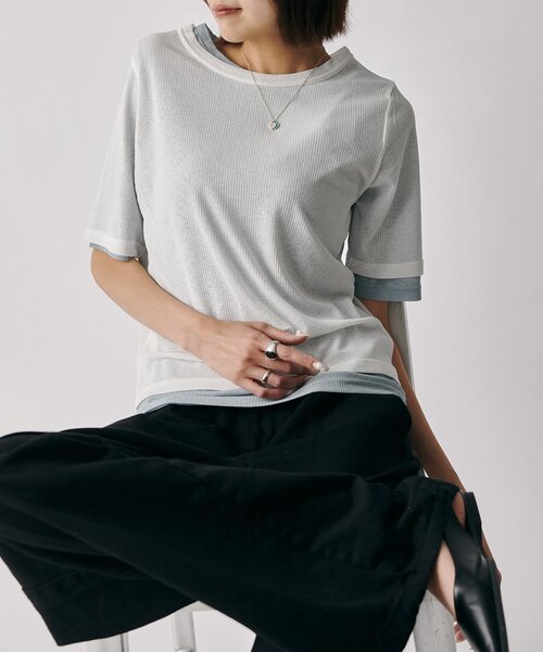 goocy(グーシー)の「シアーテレコレイヤードトップス(Tシャツ/カットソー・レディース・グレー/チャコールグレー/ホワイト/ブラック・FREE)」の2枚目の写真