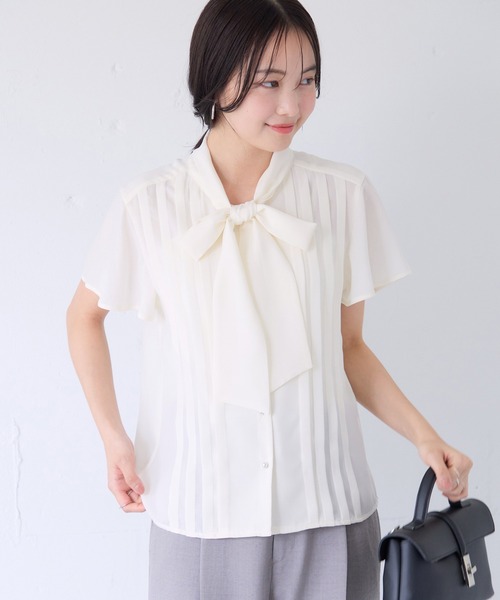 VIS(ビス)の「ドット&無地タックデザインボウタイブラウス/接触冷感(シャツ/ブラウス・レディース・ブラウン/キナリ/ピンク・FREE)」の8枚目の写真