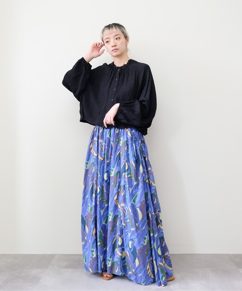 DOLLUPOOPS（ドールアップウップス）の「Botanical Bird Side-Tie Maxi Skirt(ボタニカルバードサイドリボンマキシスカート)（スカート・レディース・ブルー/イエロー・FREE）」の4枚目の写真