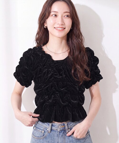 natural couture(ナチュラルクチュール)の「シアーベロアシャーリングTOPS(Tシャツ/カットソー・レディース・ブラウン/チャコールグレー/ブラック/サックスブルー/グレイッシュベージュ/ドット/アイボリー・FREE)」の3枚目の写真