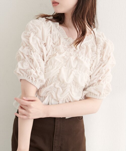 natural couture(ナチュラルクチュール)の「シアーベロアシャーリングTOPS(Tシャツ/カットソー・レディース・ブラウン/チャコールグレー/ブラック/サックスブルー/グレイッシュベージュ/ドット/アイボリー・FREE)」の14枚目の写真