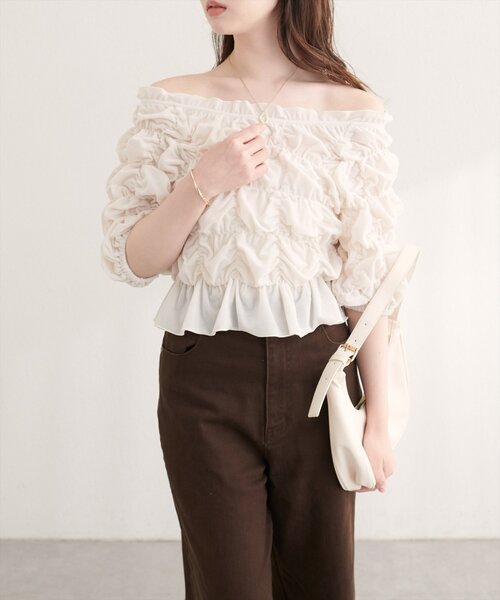 natural couture(ナチュラルクチュール)の「シアーベロアシャーリングTOPS(Tシャツ/カットソー・レディース・ブラウン/チャコールグレー/ブラック/サックスブルー/グレイッシュベージュ/ドット/アイボリー・FREE)」の15枚目の写真
