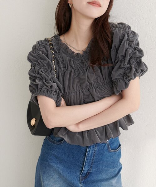 natural couture(ナチュラルクチュール)の「シアーベロアシャーリングTOPS(Tシャツ/カットソー・レディース・ブラウン/チャコールグレー/ブラック/サックスブルー/グレイッシュベージュ/ドット/アイボリー・FREE)」の19枚目の写真