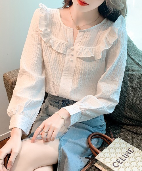 LUCPY(ラクピー)の「フリルデザインコットンブラウス(シャツ/ブラウス・レディース・ホワイト・SMALL/MEDIUM/LARGE/X-LARGE)」の1枚目の写真