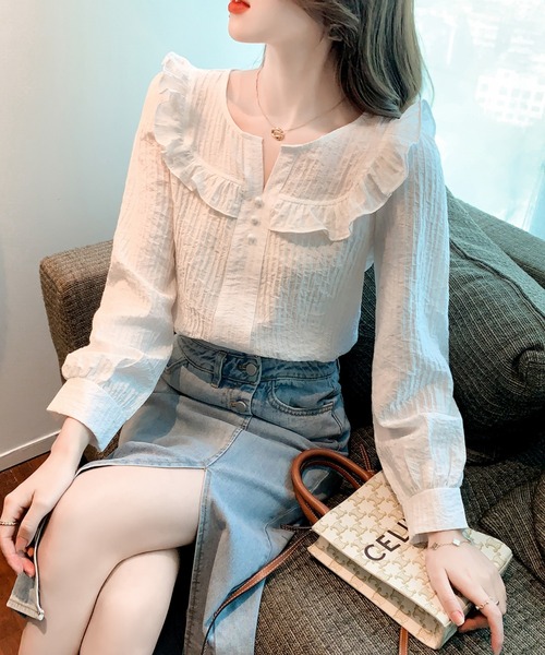 LUCPY(ラクピー)の「フリルデザインコットンブラウス(シャツ/ブラウス・レディース・ホワイト・SMALL/MEDIUM/LARGE/X-LARGE)」の2枚目の写真