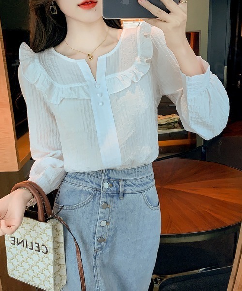 LUCPY(ラクピー)の「フリルデザインコットンブラウス(シャツ/ブラウス・レディース・ホワイト・SMALL/MEDIUM/LARGE/X-LARGE)」の4枚目の写真