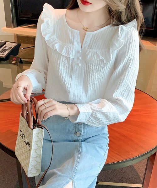 LUCPY(ラクピー)の「フリルデザインコットンブラウス(シャツ/ブラウス・レディース・ホワイト・SMALL/MEDIUM/LARGE/X-LARGE)」の5枚目の写真