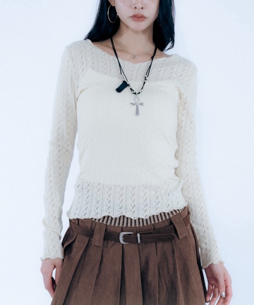 Haze Reverie(ヘイズレヴァリー)の「レースライク透かし編みトップス(Tシャツ/カットソー・レディース・ネイビー/Cream/ブラック・FREE)」の1枚目の写真