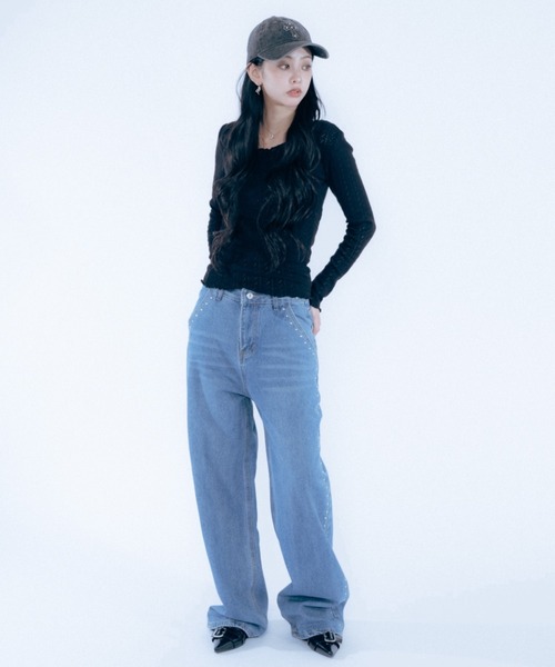 Haze Reverie(ヘイズレヴァリー)の「レースライク透かし編みトップス(Tシャツ/カットソー・レディース・ネイビー/Cream/ブラック・FREE)」の9枚目の写真