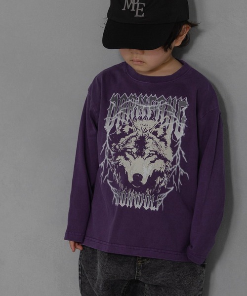 MAKE YOUR DAY(メイクユアデイ)の「アイアンウルフロック長袖Tシャツ■80~140cm(Tシャツ/カットソー・キッズ・チャコールグレー/パープル・130/80/140/90/100/120)」の1枚目の写真